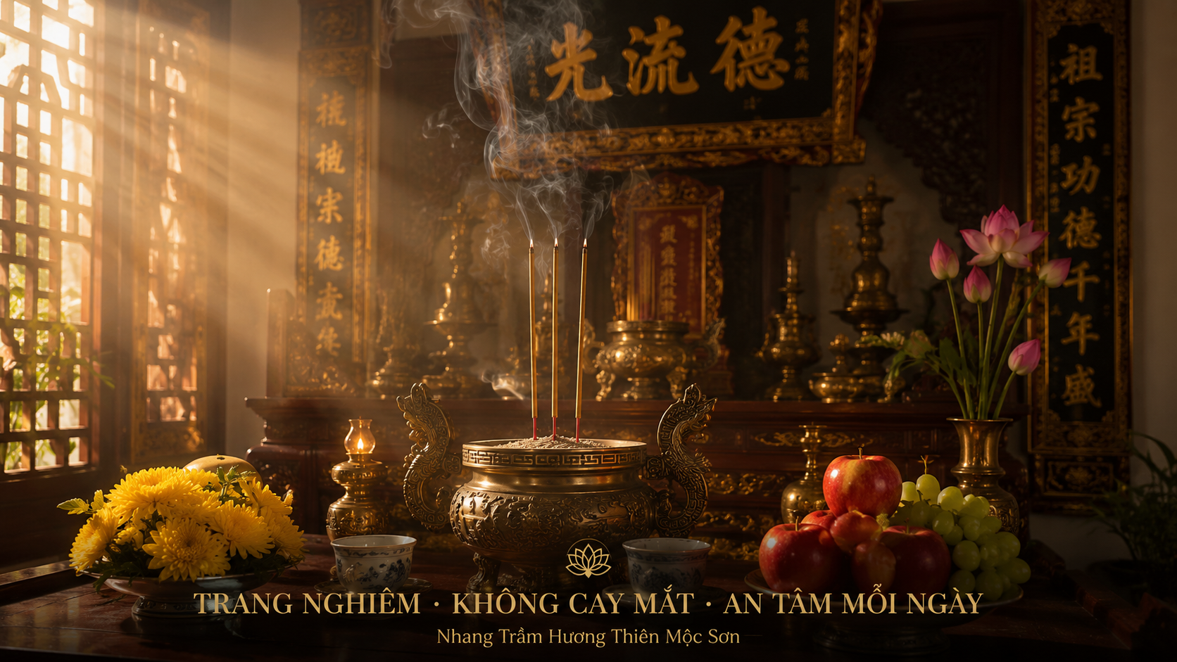 Nhang trầm thắp bàn thờ gia tiên — trang nghiêm, không cay mắt
