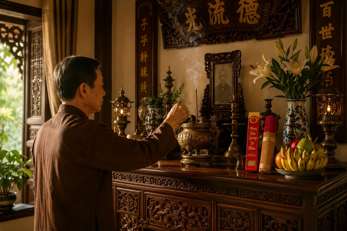Thắp nhang trầm trên bàn thờ gia đình