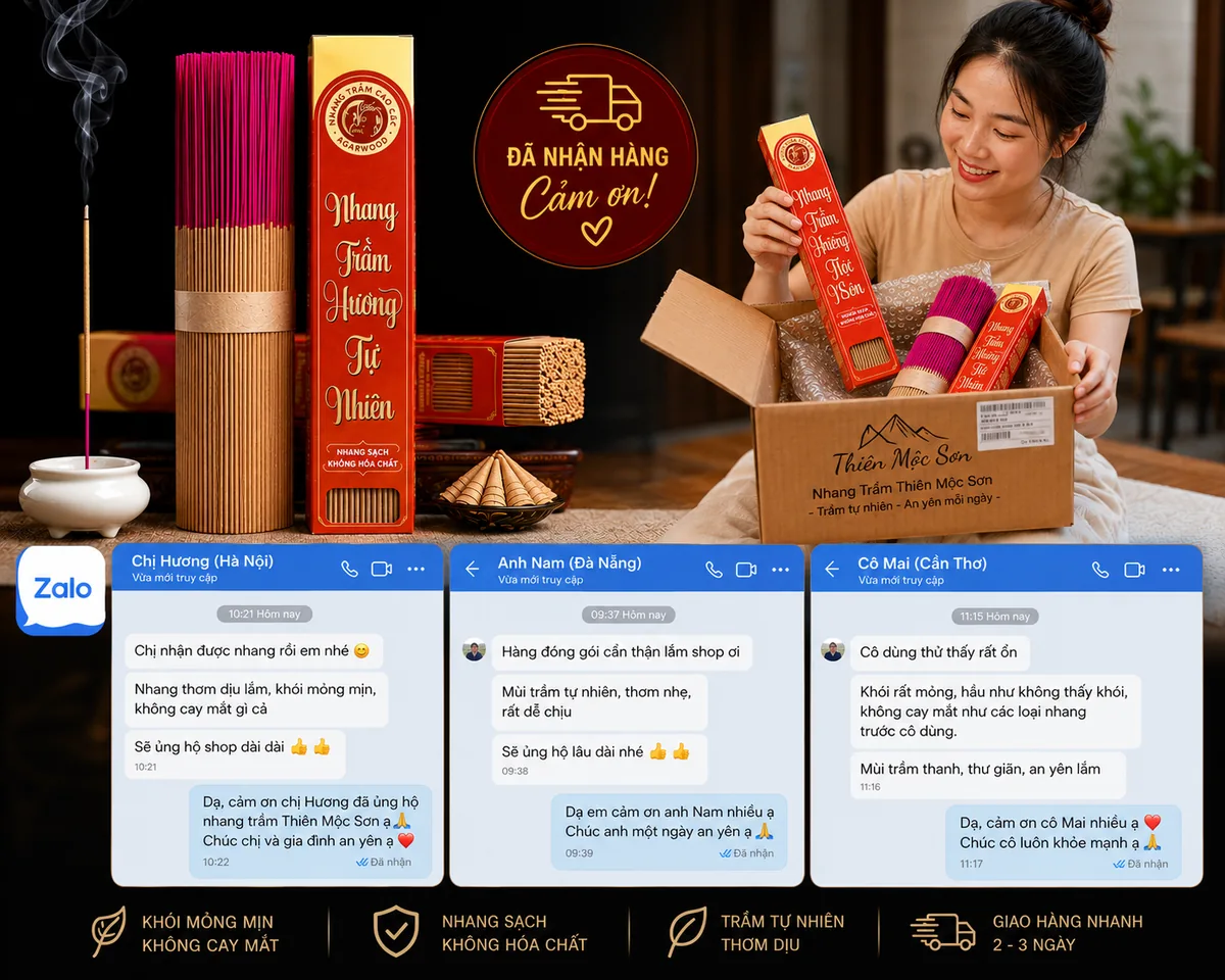 Khách nhận hàng và phản hồi qua Zalo: khói mỏng không cay mắt, mùi trầm dịu, đóng gói cẩn thận